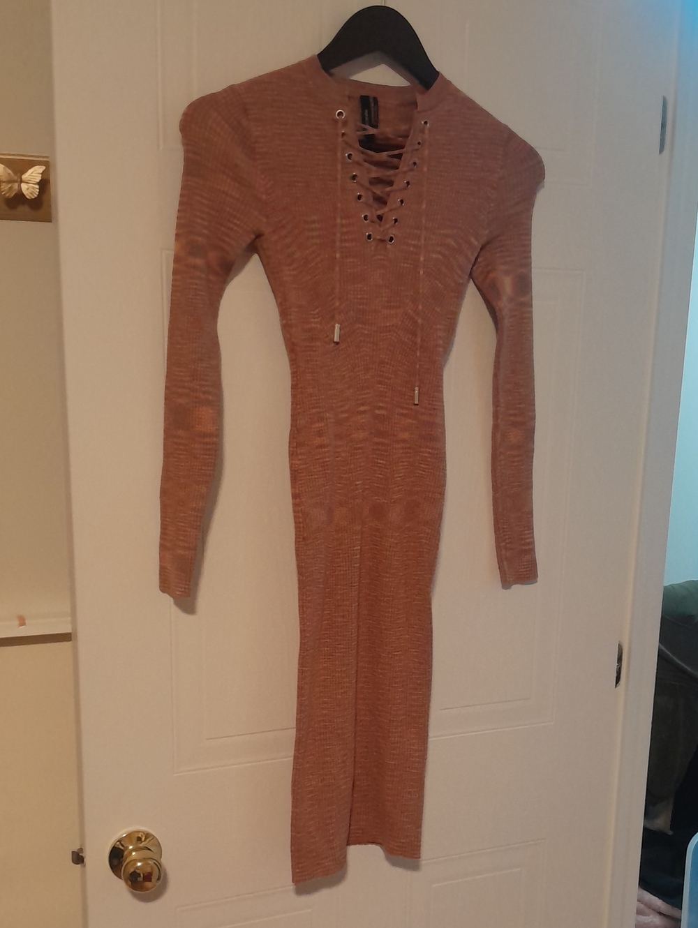 Marciano Lace-Up Ribbed Long Sleeve Dress in Rust